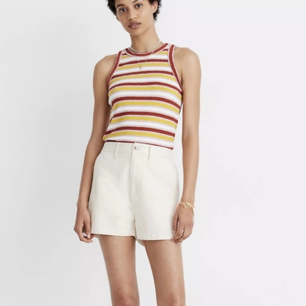 Madewell High Rise Camp‎ Shorts Women's Cream Pockets Herringbone Weave Size M